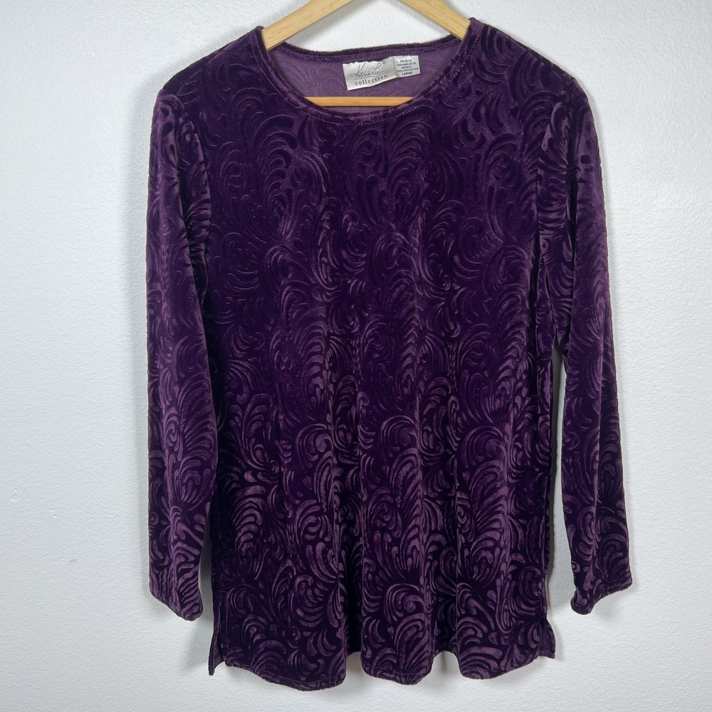 Vintage Y2K Velvet Burnout Long Sleeve Shirt Womens L Purple Whimsigoth Casual